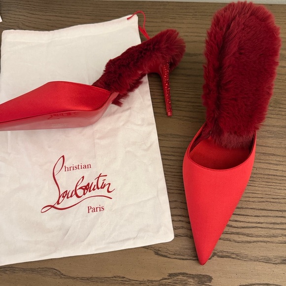 Christian Louboutin KM Faux Fur Satin Mule Pumps in Red - Picture 4 of 9
